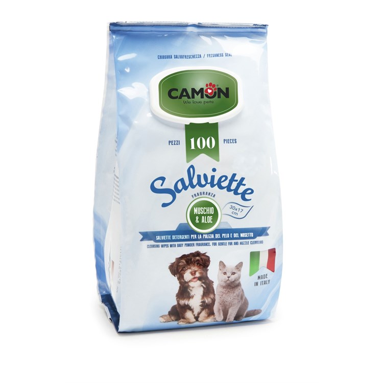 Camon 100 Salviette Detergenti al Muschio e Aloe Per Cani e Gatti Maxi Formato