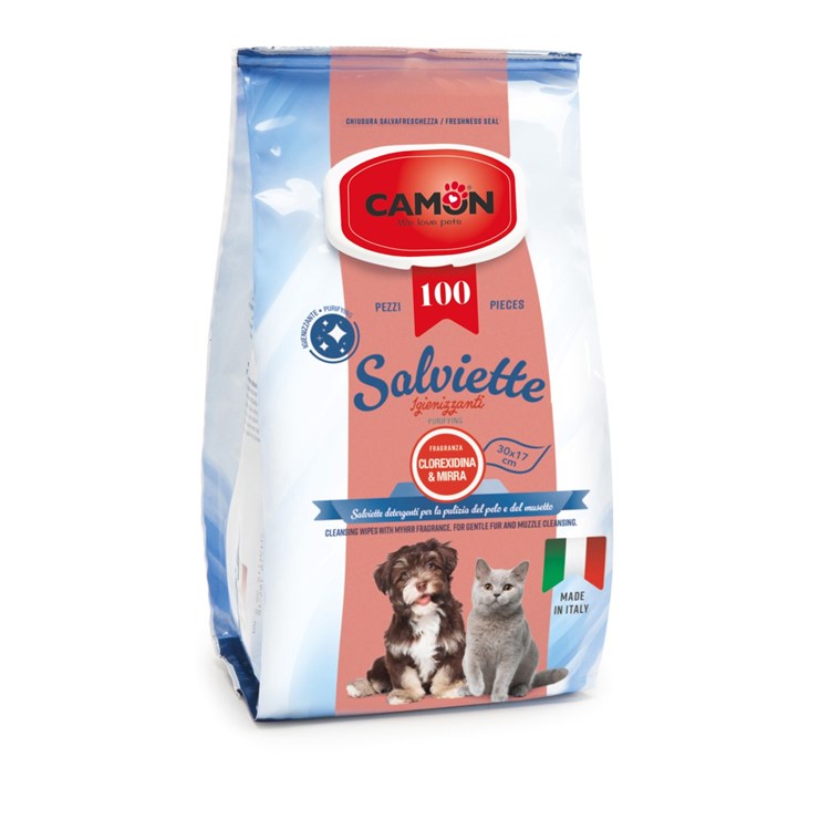 Camon 100 Salviette Detergenti Mirra e Clorexidina Per Cani e Gatti Maxi Formato