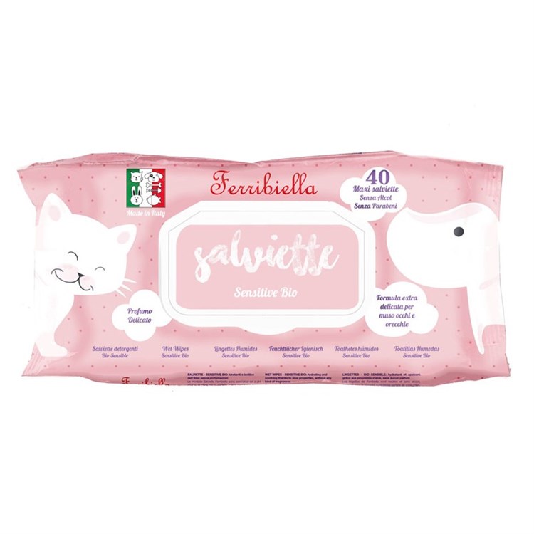 Ferribiella 40 Salviette Detergenti Bio Sensitive Delicate Per Muso Occhi e Orecchie