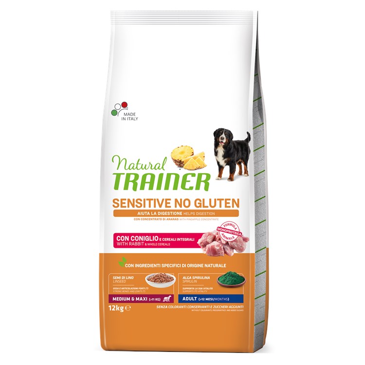 Natural Trainer Sensitive No Gluten Adult Medium Maxi con Coniglio 12 kg Per Cani